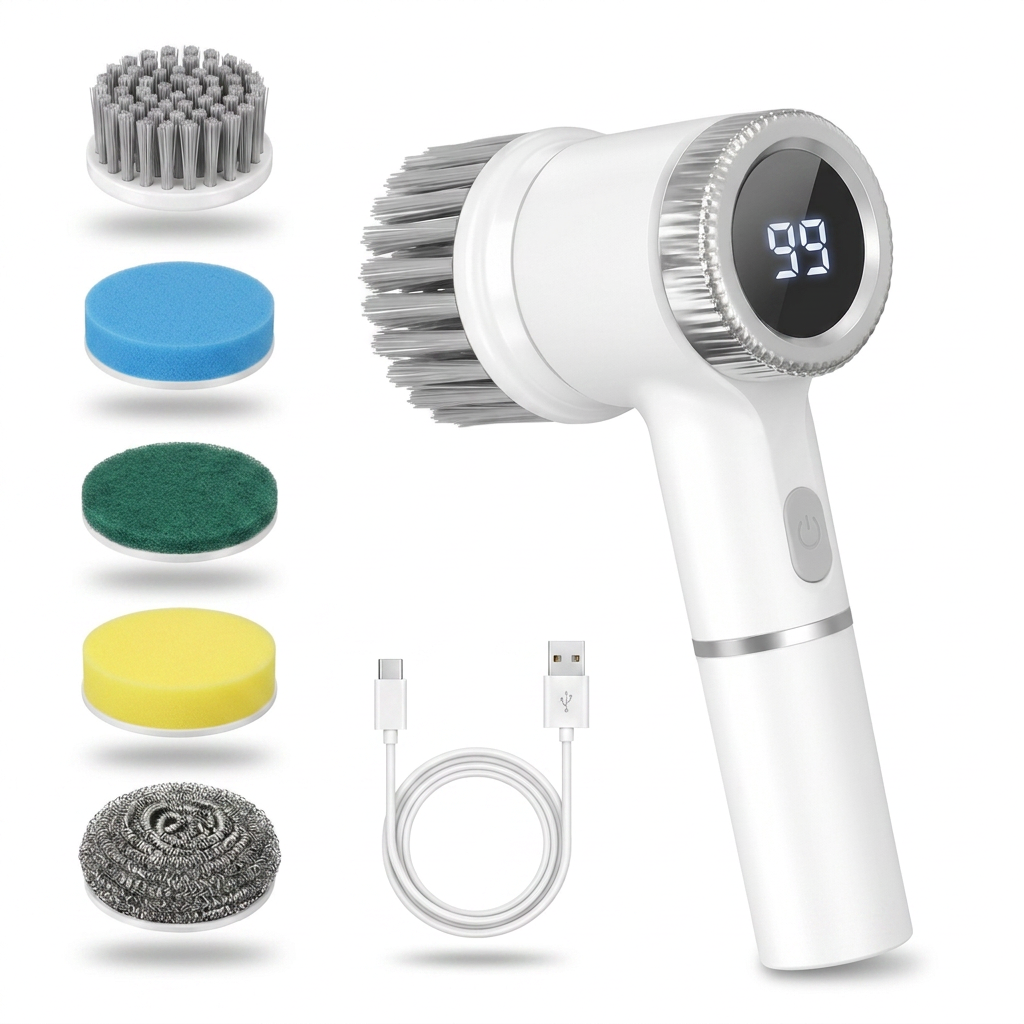 TidyCore cordless electric spin scrubber with LED battery display and five interchangeable brush heads