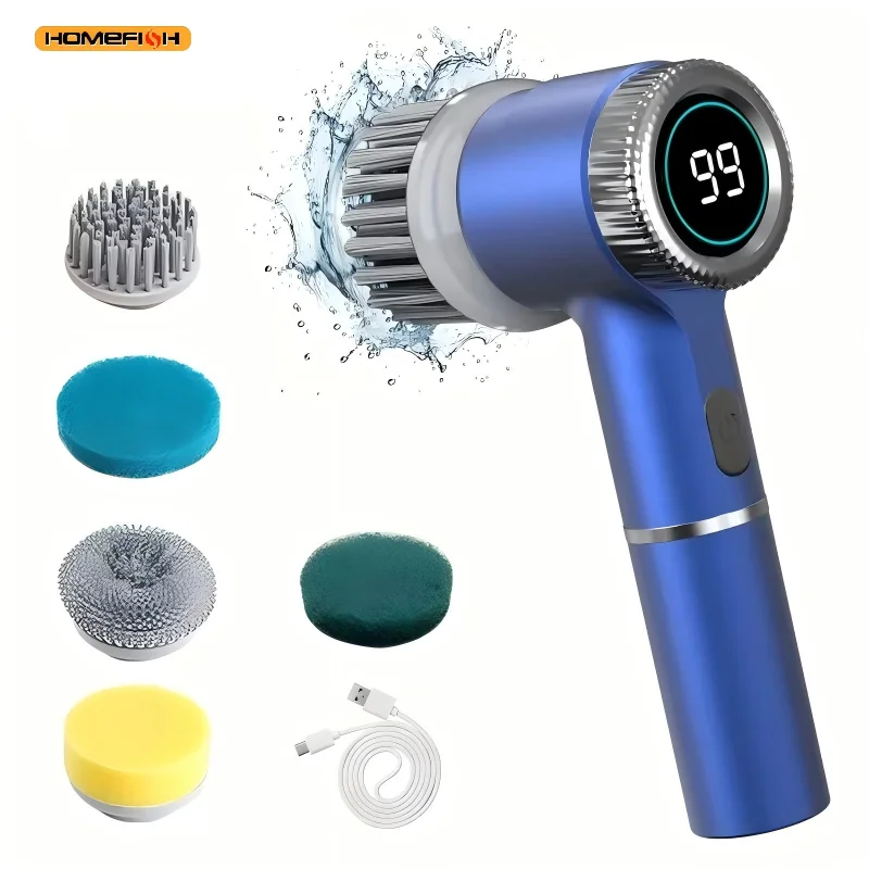 Electric spin scrubber with extension handle and interchangeable brush heads